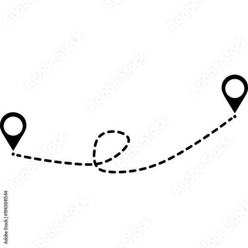 Journey Route: A clean, minimalistic line art illustrates the concept of journey, with a dotted line connecting two location markers, symbolizing a path or route.