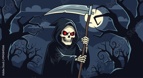 Scary grim reaper character holding a large scythe in a dark spooky forest at night with a full moon behind him.