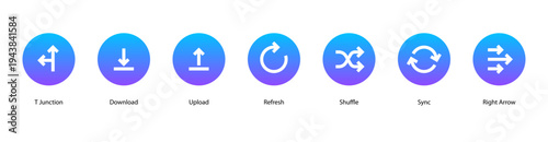 Data Transfer web banner icon vector illustration featuring T Junction, Download, Upload, Refresh, Shuffle, Sync, and Right Arrow.