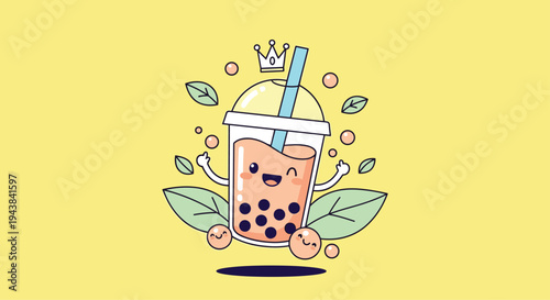 Cute and happy bubble tea character with a crown and green leaves floating on a soft yellow background.