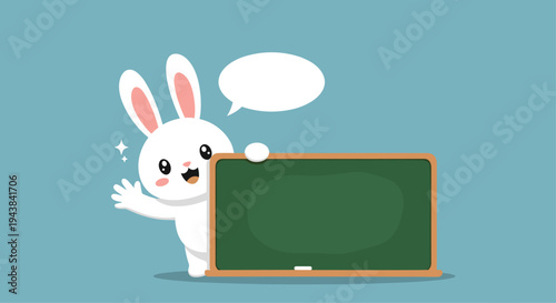 Cute white rabbit character waving and peeking from behind a clean green chalkboard for custom messages and text.