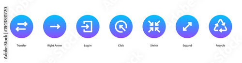 Navigation Actions web banner icon vector illustration featuring Transfer, Right Arrow, Log in, Click, Shrink, Expand, and Recycle.