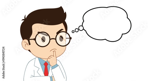 Young male scientist in a white lab coat thinking deeply with a hand on his chin and an empty thought bubble.