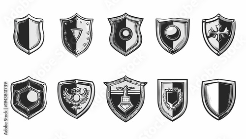 Vintage style monochrome shield badge icon set displayed on a clean surface