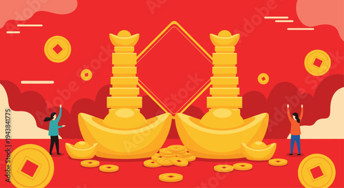 Massive gold ingots and coins landscape with people celebrating fortune and wealth in a red and gold scene.