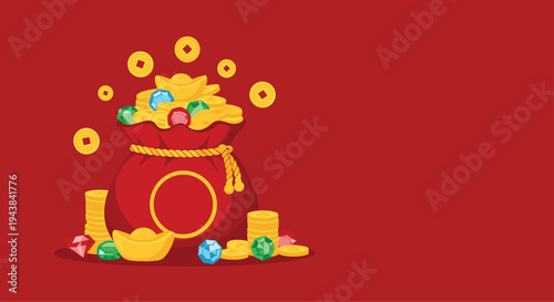 Large red lucky bag filled with gold ingots, coins, and sparkling colorful gemstones on a simple dark red background.