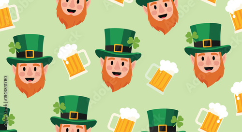 Festive st patrick day pattern with leprechaun heads and glasses of beer on a light green background for kids.