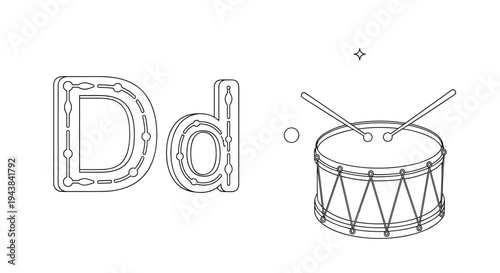 Educational illustration for letter D featuring an uppercase and lowercase letter D alongside a simple drum.