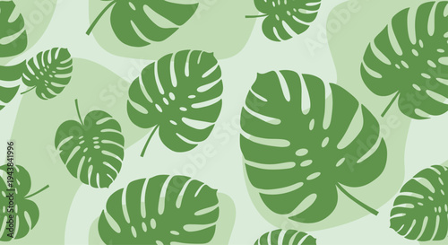 Seamless pattern of green monstera leaves on a light mint green background for tropical and botanical theme.