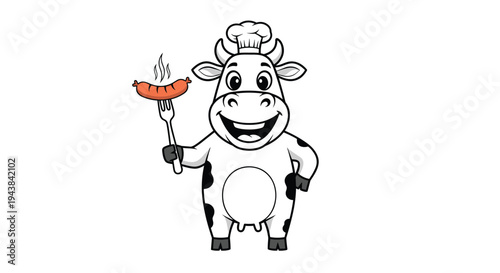 Happy cow chef mascot wearing a white hat and holding a fork with a steaming grilled sausage for a barbecue party.