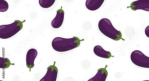 Seamless pattern featuring multiple ripe purple eggplants with green stems scattered over a white background with dots.