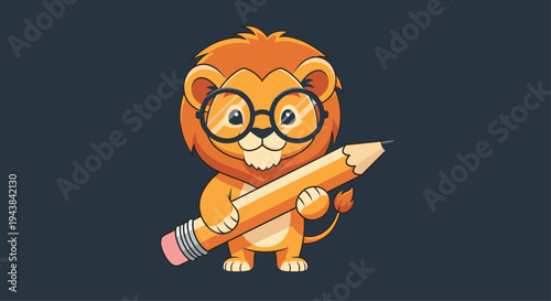 Studious lion mascot wearing round black glasses and holding a large orange pencil against a dark grey background.