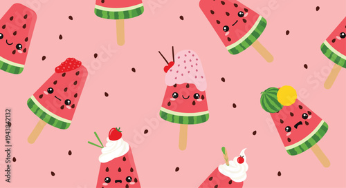 Fun seamless pattern of cute watermelon popsicles with various toppings and happy faces on a soft pink background.