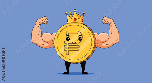 Strong russian ruble coin mascot with muscular arms wearing a golden crown and standing on a blue background.