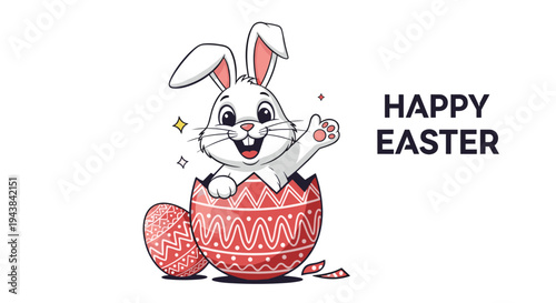 Cute white easter bunny waving while sitting inside a cracked red decorated egg shell with happy easter text.