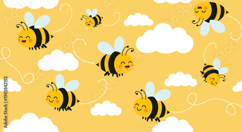 Happy bumble bees flying through white clouds in a bright yellow sky background for a cheerful seamless pattern.