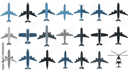 Airplanes and helicopter in flight depicted from various angles and colors