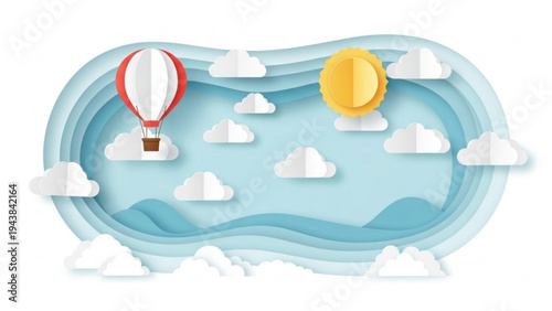 Hot air balloon floats serenely amidst clouds and sun over water landscape