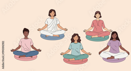 Diverse group of five women sitting in lotus position and meditating on colorful round cushions for mindfulness.