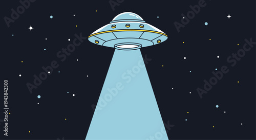 Unidentified flying object or ufo spacecraft beaming a cone of light down from a starry night sky in space.