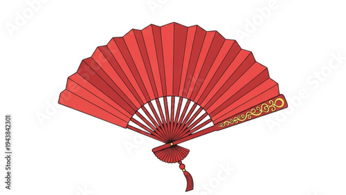 A red hand fan with gold designs is open on a plain background.