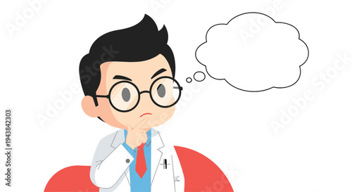 Thoughtful young male doctor or scientist with black hair and glasses looking at an empty thought bubble.