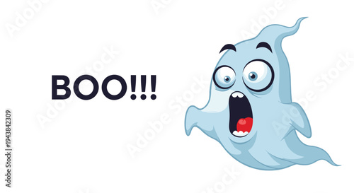 Scared little ghost character with its mouth wide open and shouting boo on a clean white background.