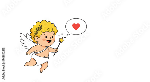 Cupid character holding a magic wand with a heart in a speech bubble on a white background for valentine day celebration and romantic designs.