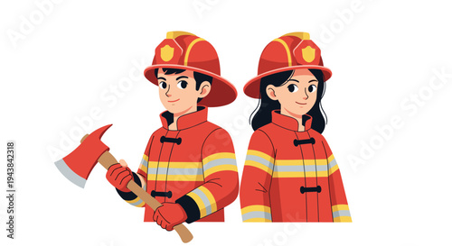 Brave male and female firefighters wearing red uniforms and helmets standing together with an axe for safety.