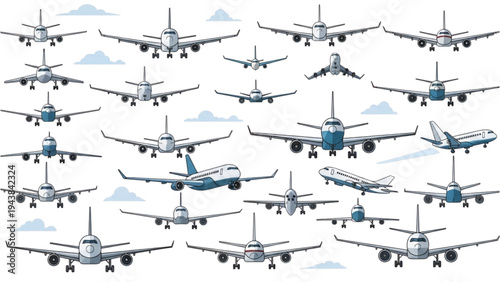 Airplanes flying in formation through clouds in the sky with multiple aircraft