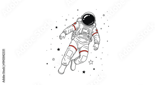 Astronaut character floating in space surrounded by stars and celestial elements on a clean white background for science and discovery.