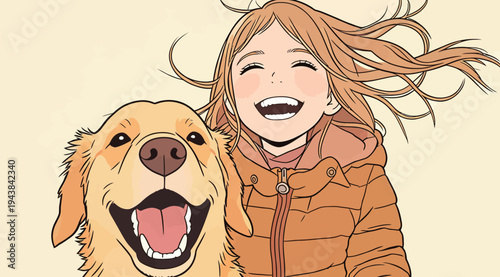 A girl with long hair laughs while playing with a golden retriever under bright sunlight in an outdoor setting.