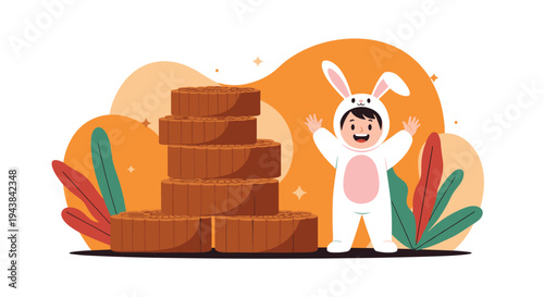 Little boy dressed in a cute bunny costume standing next to a large stack of traditional chinese mooncakes for mid-autumn festival.