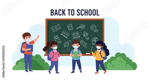 Group of diverse school children wearing protective face masks in front of a blackboard with a back to school message during pandemic.