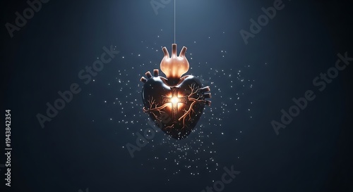 Abstract Glowing Anatomical Human Heart Suspended in Dark Void