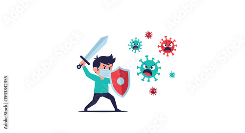Brave boy wearing a medical mask and wielding a sword and shield to fight off various virus and germ particles for health and safety.
