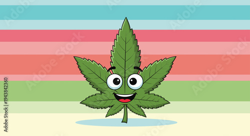 Happy cartoon cannabis leaf character with a smiling face on a colorful striped background for marijuana and medical cannabis designs.