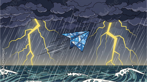 A blue paper airplane flies through a stormy sky with lightning and heavy rain over the ocean waves.
