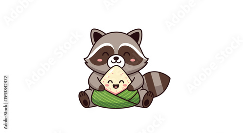 Cute raccoon character sitting and holding a zongzi rice dumpling for the traditional dragon boat festival celebration and culture.