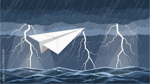 Paper airplane struggles to stay afloat in stormy weather with lightning