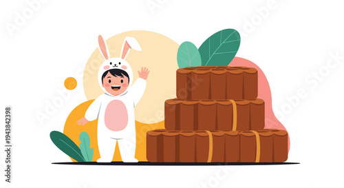 Happy child in a white bunny rabbit costume waving and standing next to a stack of delicious traditional mooncakes for festival.