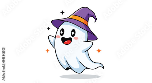 Happy cartoon ghost wearing a purple witch hat with an orange band and sparkling star elements around it for halloween celebration.