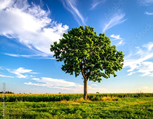 A solitary tree stands in a lush green field under a blue sky