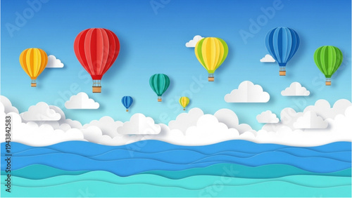 Hot air balloons float above sea and clouds under blue sky