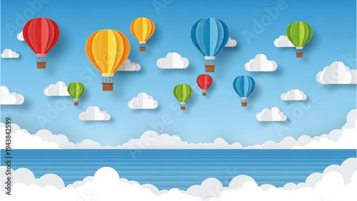 Vibrant hot air balloons float gently above the clouds over a serene landscape