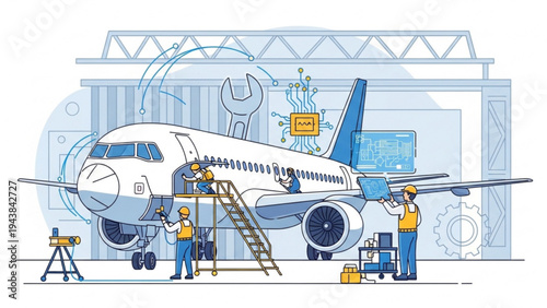 Workers inspect airplane undergoing maintenance in a large hangar facility now