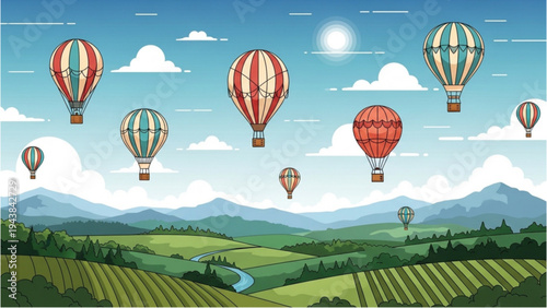 Hot air balloons float gently over a serene landscape with mountains