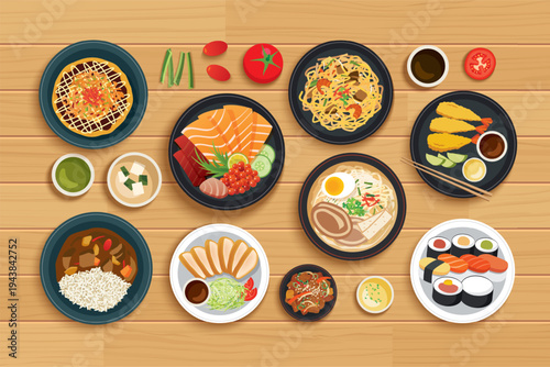japanese food on top view wooden background.
