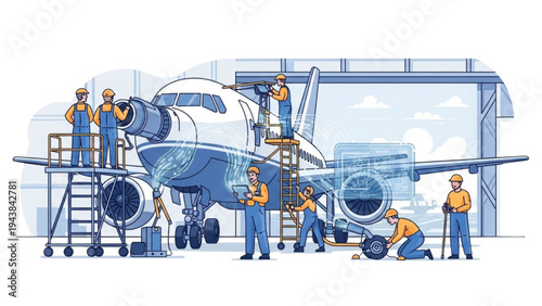 Workers repair airplane in hangar with tools and equipment nearby outside.