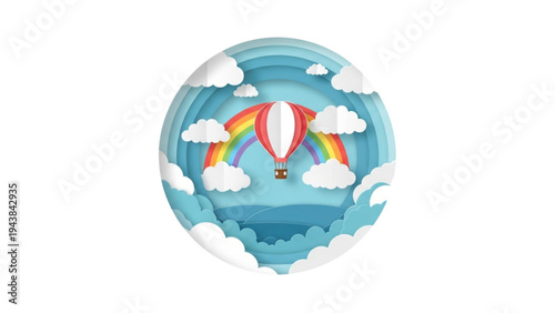 A hot air balloon flies under a vibrant rainbow amidst fluffy clouds in a clear blue sky.